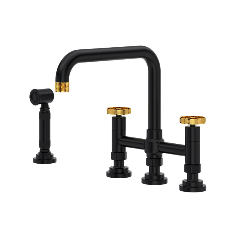 Campo Bridge Kitchen Faucet With Side Spray, Wheel Handle, Matte Black/Unlacquered Brass