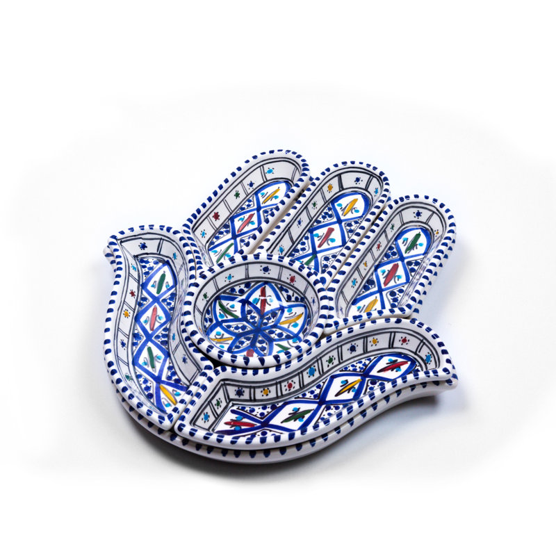 Dipper Handcrafted Bohemian Hamsa Ceramic Dipping and Serving Set - Versatile Mediterranean Decor, 2" H x 12" W x 12" D, Blue