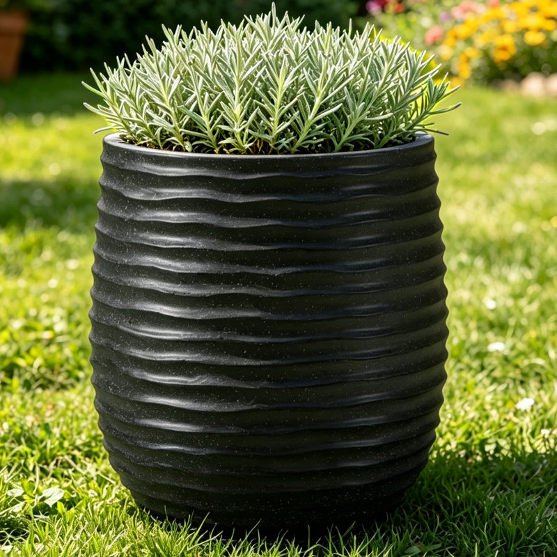 Ensemble de pots de fleurs en béton ondulé de 15 po de diamètre avec trou de drainage, pots de plantes ronds d'intérieur et d'extérieur noirs