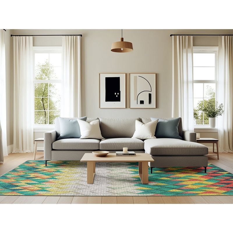 Tapis géométrique vert / jaune / crème, Rectangle 6 pi x 9 pi