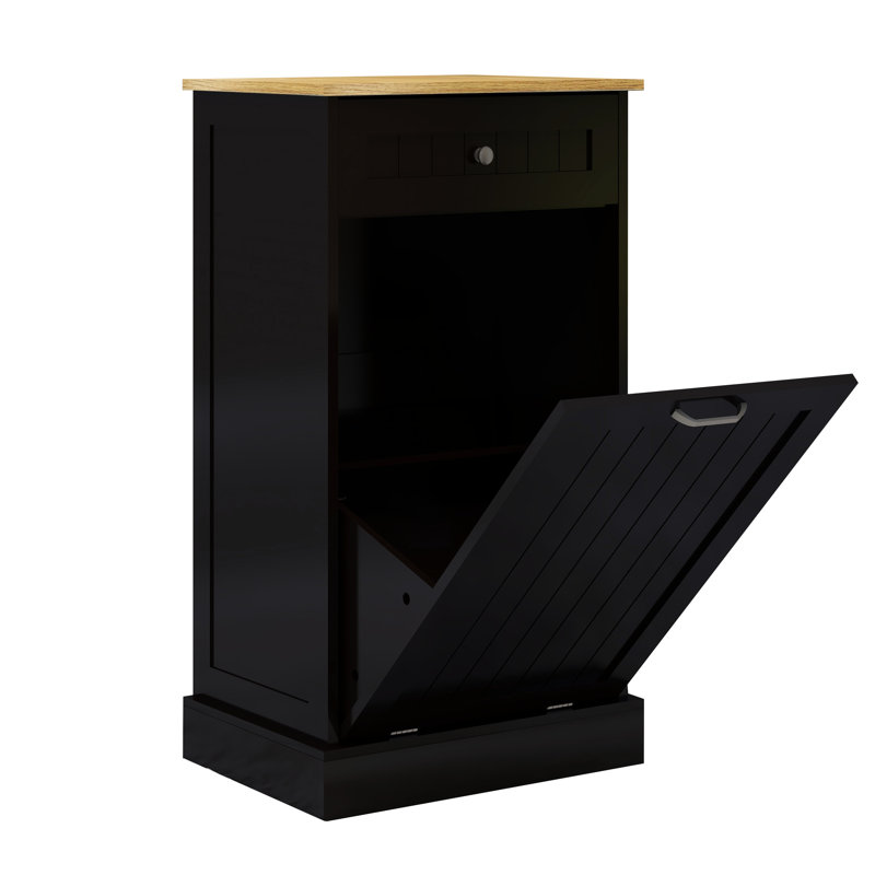 Armoire poubelle de cuisine à un tiroir et un revêtement noir, convenant à une extension d'îlot, des pièces prédécoupées, une inclinaison moyenne résistante à l'humidité, cache et garde le plancher propre