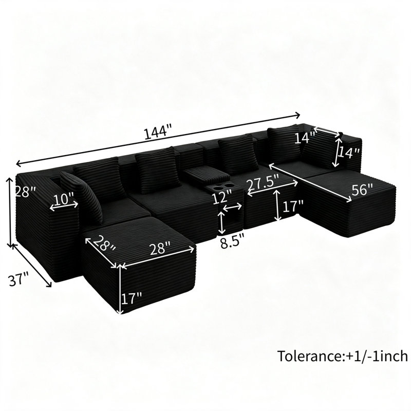 Canapé d'angle confortable en forme de U de 366 cm (144 po), style moderne, sans ossature apparente, en velours côtelé, avec méridienne et pouf - Aucun assemblage requis ! Canapé modulaire Cloud profond et rembourré pour salon, en velours côtelé doux (noir).