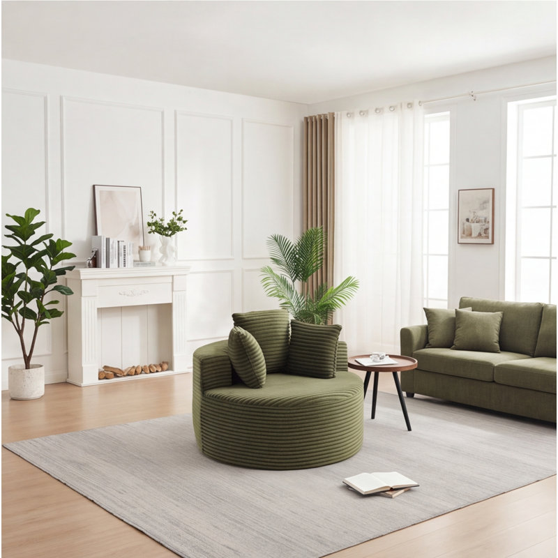 Canapé rond vert en velours côtelé de 43 pouces avec 3 coussins, fauteuil confortable pour la chambre à coucher, le salon et la salle de jeux