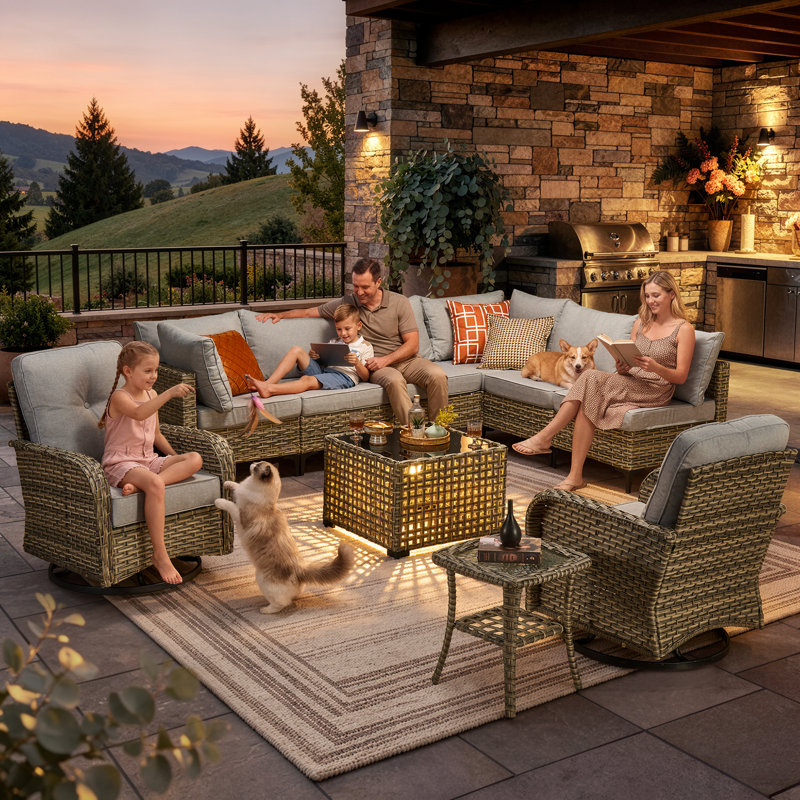 Emroy 8 - Person Wicker/Rattan Sectional Seating Group with Lighted Coffee Table and Swivel Chairs, All Weather Modular Outdoor Conversation Set with Cushions