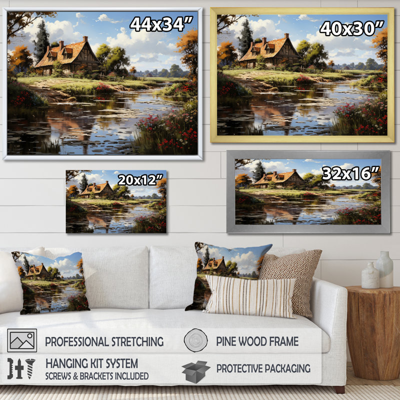 Danemark, campagne, idylle sur toile, H 16 po x l 32 po x P 1 po, Encadrement doré