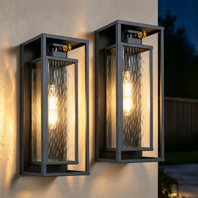 19"H 1-Light Weather Resistant Farmhouse Exterior Wall Sconce, Sand Grain Black Iron Construction, Decorative Water Ripple Glass, Built-in Infrared Motion Sensor, Hardwired Outdoor Porch Lantern Light