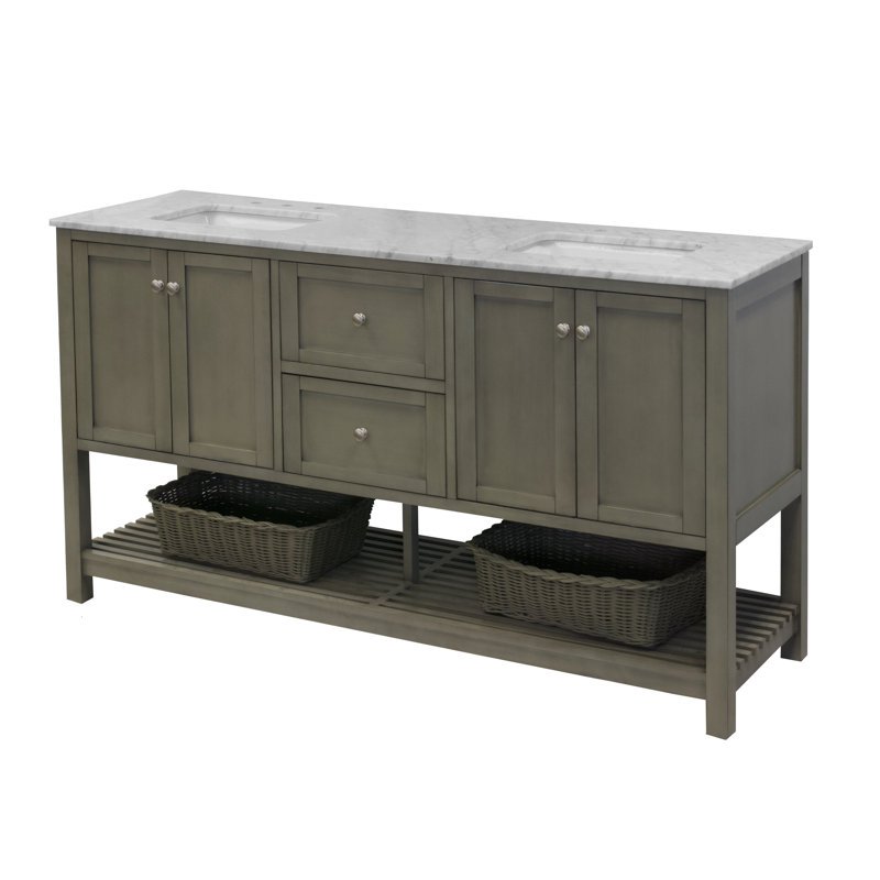 Binne 72'' Double Bathroom Vanity with Top, Weathered Gray, Carrara Marble