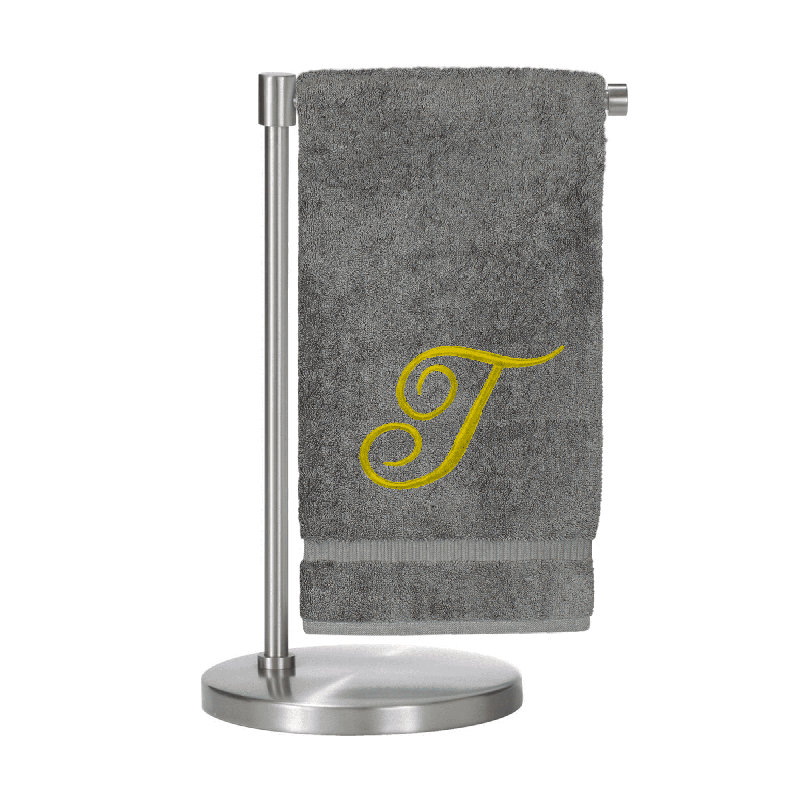 Serviettes de bain monogrammées - ensemble de 1 - lettre en script, T, Gris / Or