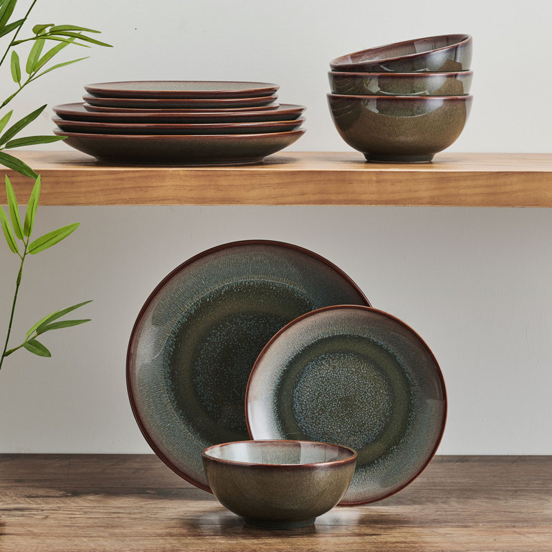 Mackensie Blue and Brown Ceramic 12-Piece Dinnerware Set