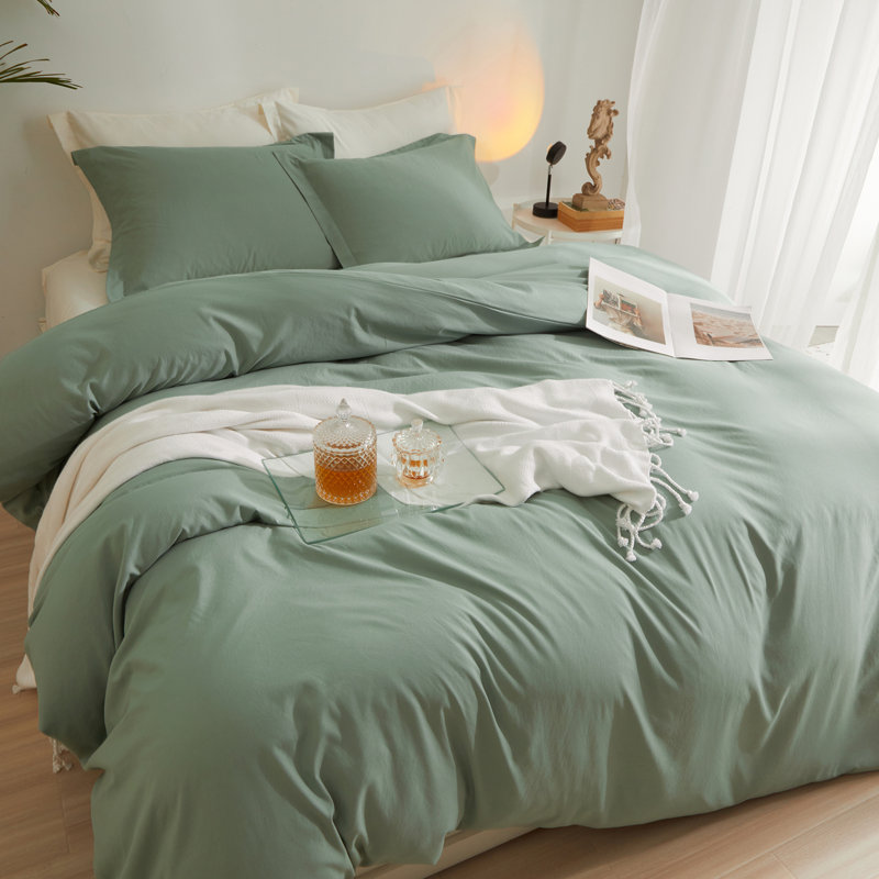  Breathable Washed Microfiber Duvet Cover Set, King Duvet Cover + 2 King Shams, Light Green