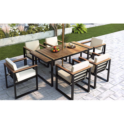 7 Pieces Outdoor Dining Set Patio Dining Table and Chair Set with and Removable Cushions for Patio, Backyard, Garden, Beige
