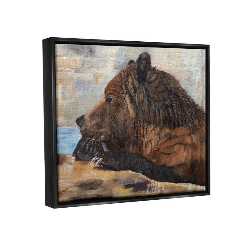 Ours brun, faune d'un lac - peinture, Cadre flottant noir de jais, H 17 po x l 21 po x P 1,7 po