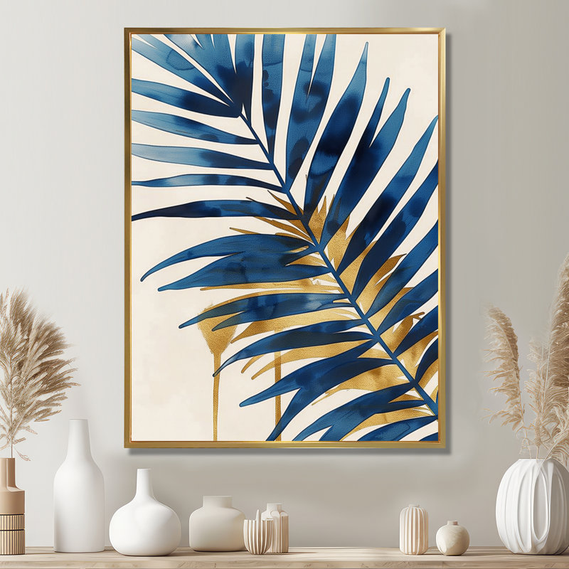 «Blue and Gold Palm Tree Leaves I» - impression d'art mural palmiers et palmiers, Brown Floater Framed, H 20 po x l 12 po