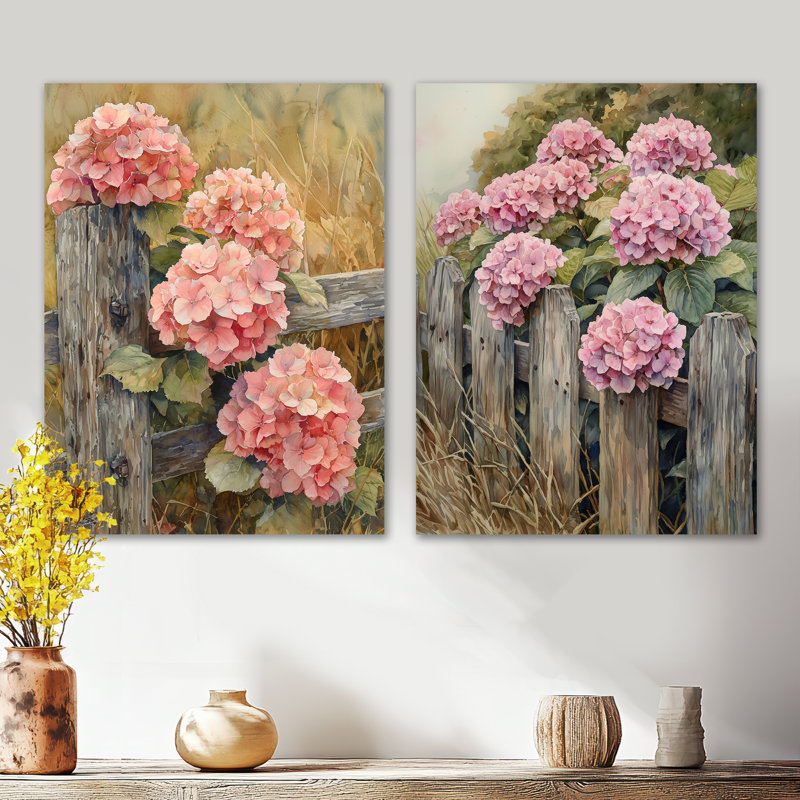 Farm Hydrangeas by the Fence I - Hortensias roses, impressions murales en métal 2 pièces, 32" H x 48" W
