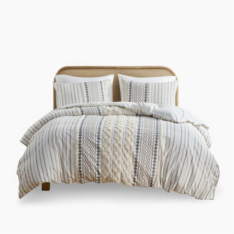 King/Cal King Cotton Printed Duvet Cover Set With Chenille, Beige, King/Cal.King Duvet Cover + 1 Sham