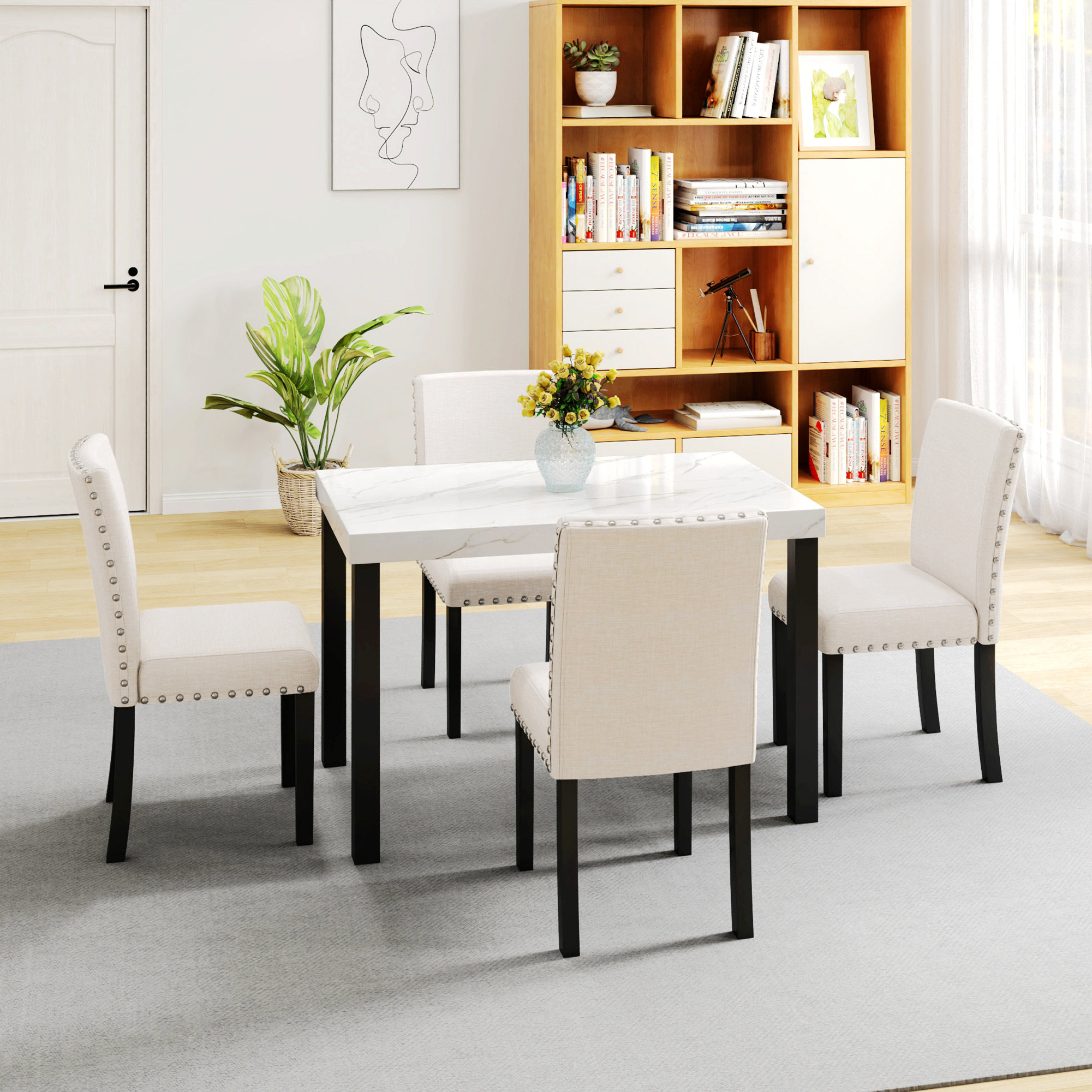 Ivy Bronx Solid Dining Set With Imitation Marble Tabletop, Solid Wood