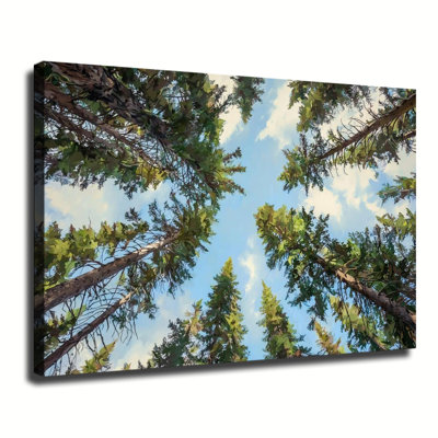 Looking Up Tall Pine Trees Forest Sky View Painting, Large Gallery Wrapped Canvas Wall Art Print For Living Room Bedroom