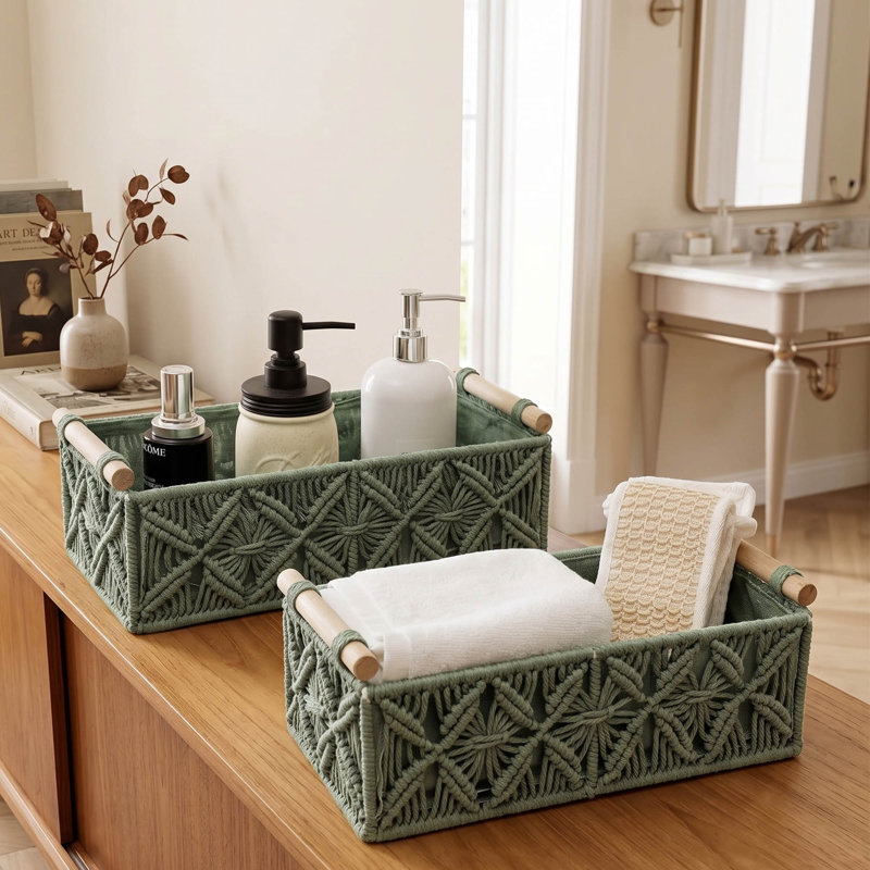 Panier de rangement en macramé Boho, panier de rangement en corde de coton tissé pour tablettes et comptoirs, Vert