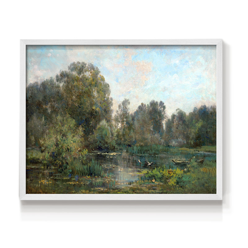 River with Storks -Framed Print - Restickable, 11" H x 14" W, White