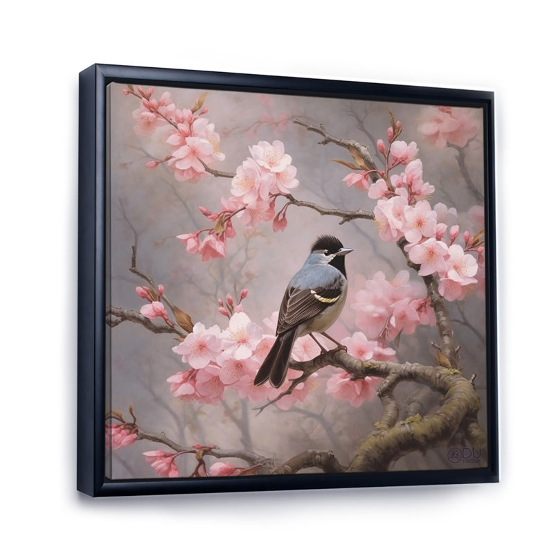 " Bluebird On Blossom Cherry I ", 30" H x 30" W, Black Floater Framed