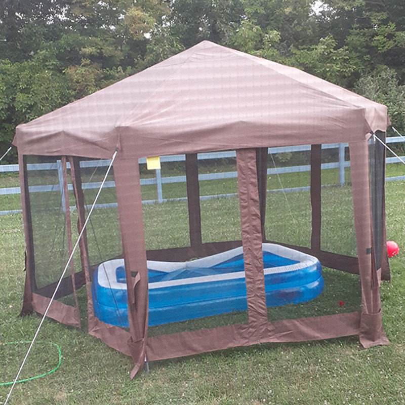 Hexagonal Pop Up Gazebo, Outdoor Canopy Tent with 6 Mesh Sidewall Netting, 3-Level Adjustable Height, Brown