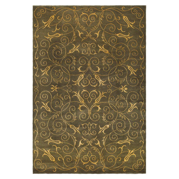 Hand-Knotted Green and Gold Wool Silk 8' x 10' Rug