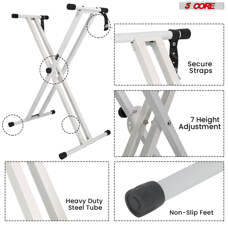 5 Core Keyboard Stand Double X Style Adjustable Piano Riser + Keyboard Piano Bench, White