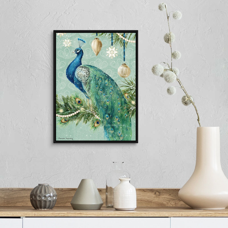 «Holiday Peacock Holiday Peacock» par Danielle Murray - peinture à cadre flottant sur toile, Cadre noir