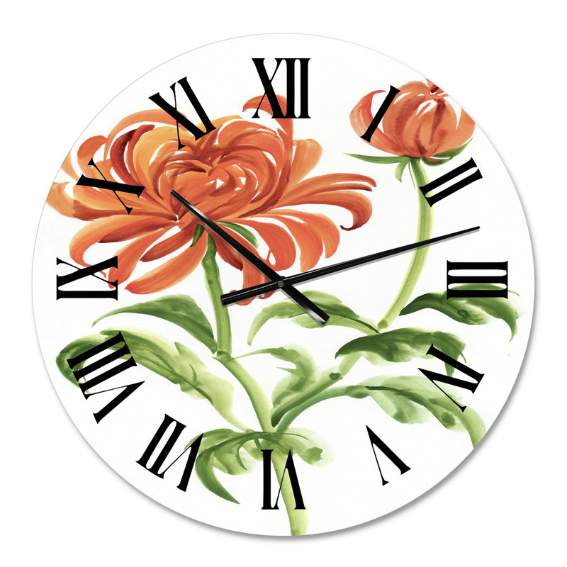 Horloge murale rétro avec fleur de chrysanthème orange rétro, Moyen