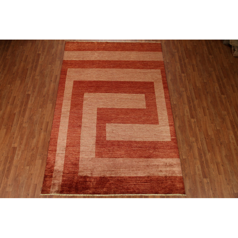 Tapis orange en laine noué à la main de conception unique 6 pi 8 po x 10 pi Broadway Village