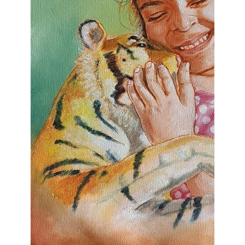 Petite fille au tigre, peinture à l'huile sur toile par Malhar Ambulgekar