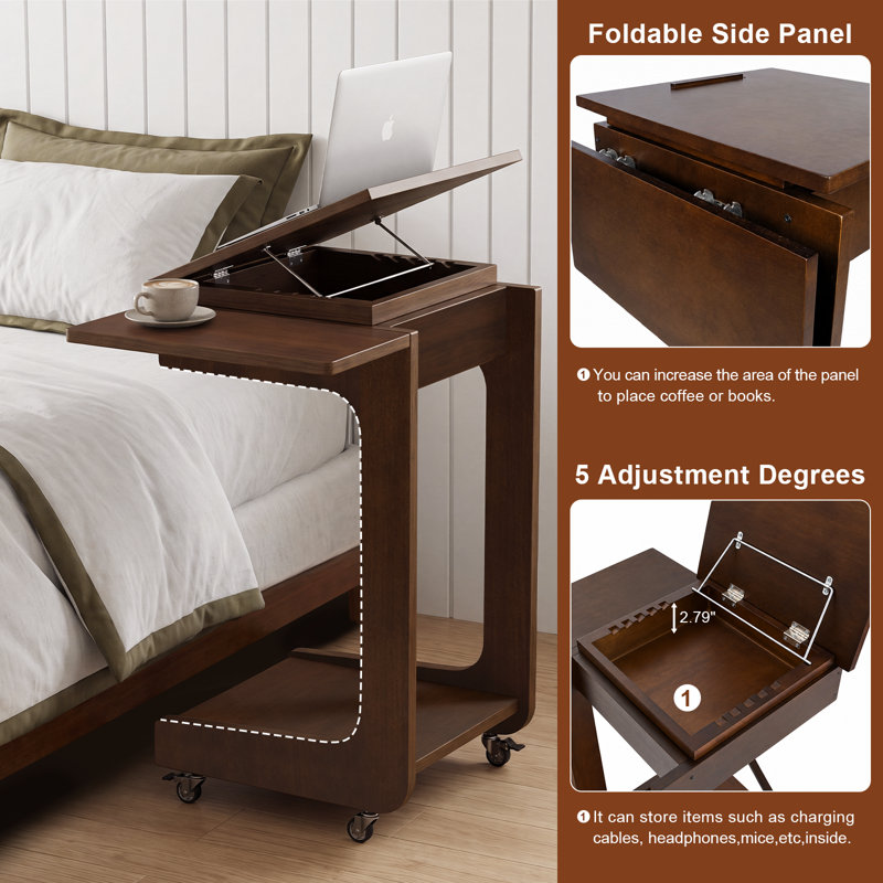 Table de bout en C en bois massif 15,74 po 1 pièce Table de bout en noyer réglable à 360 ° avec support pour ordinateur portable et tablette pliable