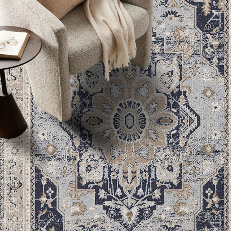 Vintage Bohemian Machine Washable Indoor Area Rug In Blue, 5' X 7'