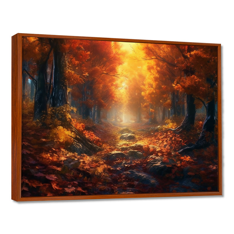 Forêt, sérénité, après-midi, lumière du soleil en automne I - forêt, reproduction d'art sur toile, Cadre flottant brun