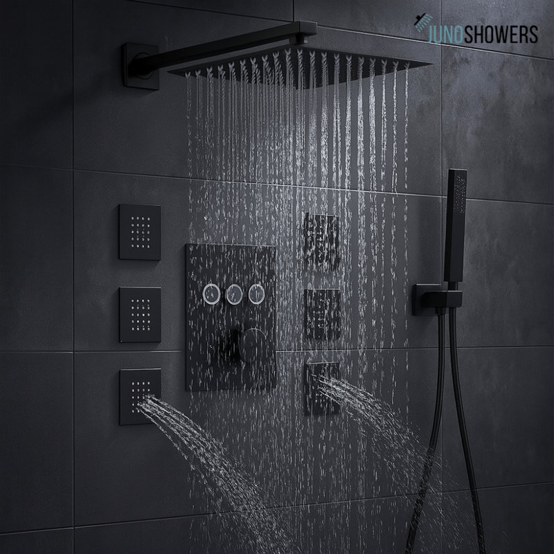 "Juno Black Rain Shower Head Wall Mount Square Showerhead"