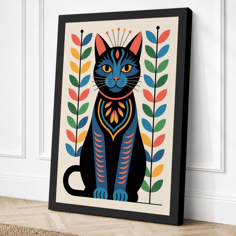 Decorated Cat in Folk Art Mid-Century 1 Piece Wrapped Canvas Wall Art, 36x24 - 91.4 x 61.0 cm, Black Border