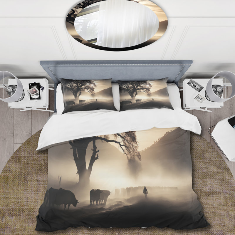 Literie , Housse de couette pour grand lit et 2 taies décor