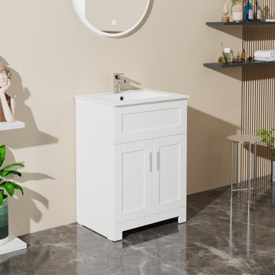 Ensemble de meuble-lavabo de salle de bain 4 po avec lavabo - panneau de fibres à densité moyenne avec mélamine écologique, lavabo encastré en céramique facile à nettoyer, blanc élégant, deux portes spacieuses - Meuble de salle de bain