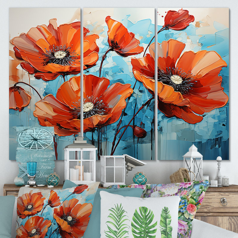 Orange et bleu «Poppy Meadow» - art mural coquelicots, Toile tendue, H 32 po x l 48 po