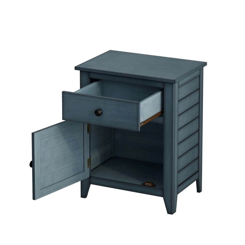 Table de chevet / table de bout transitionnelle de 25 po de hauteur et bleu antique avec tiroir de rangement et armoire à panneaux | Idée cadeau