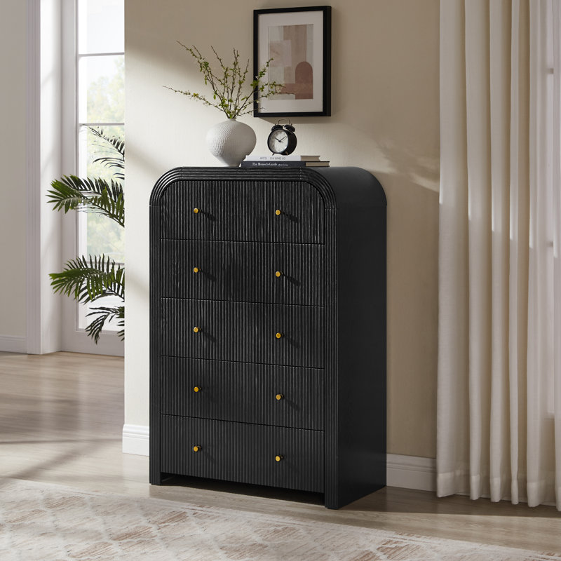 Fluted 5 Drawers Dresser For Bedroom, 48" Tall Modern Chest Of Drawers For Bedroom, Living Room, Hallway, Black Oak