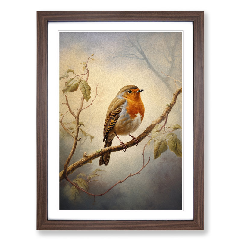 Robin Bird Tachisme - Single Picture Frame Print on Wood, 34cm H x 25cm W x 2cm D, Walnut Framed