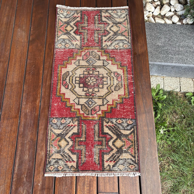 Vintage Small Turkish Rug in Red for Entry or Kids Room Made from Authentic Wool