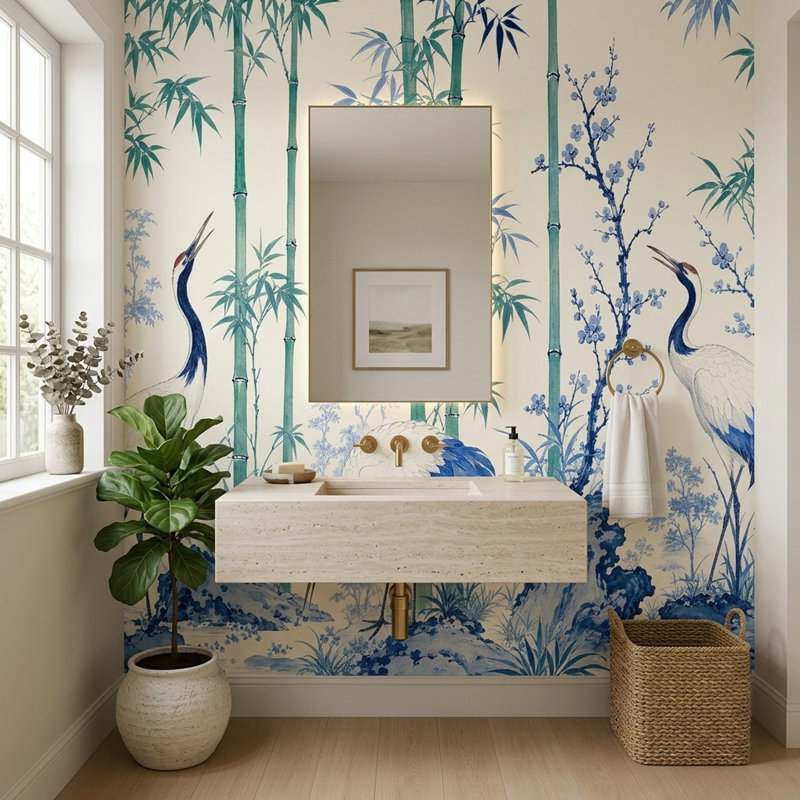 Papier peint mural de grue chinoiserie, oiseau en bambou bleu et blanc, style botanique, 200"x120", Peel and Stick
