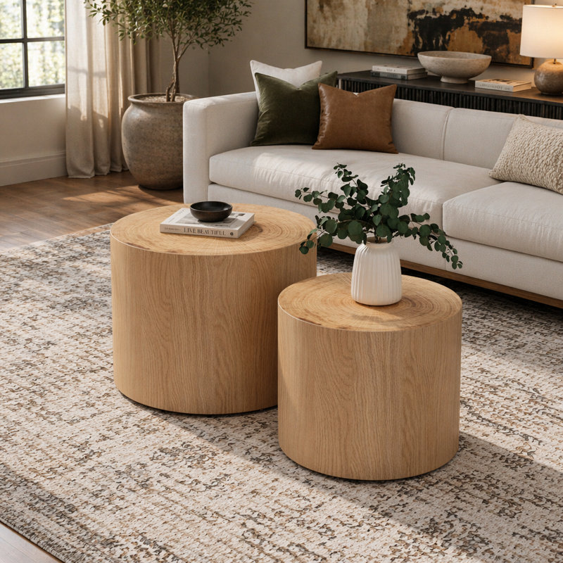 Ensemble de 2 tables basses gigognes rondes, table d'appoint en forme de souche d'arbre, sans assemblage, table d'appoint rustique à grain de tourbillon naturel pour le salon, décor de maison de campagne moderne Wabi-Sabi