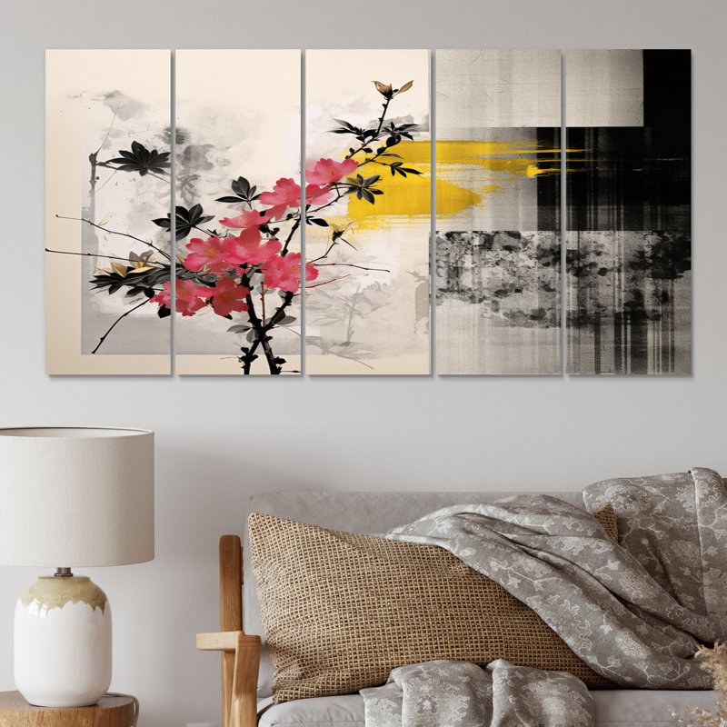 Asian Art Sumi Blossom III - Salon d'art mural asiatique - 5 panneaux égaux