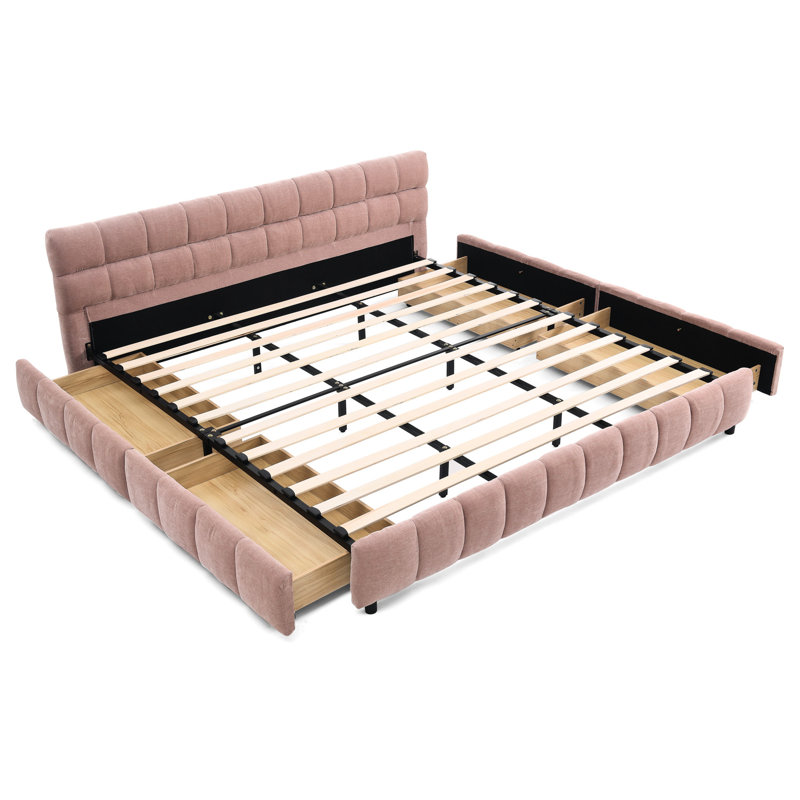 Très grand lit tapissier avec revêtement rose et tiroir - Tête de lit relaxante pour un sommeil confortable, Pink