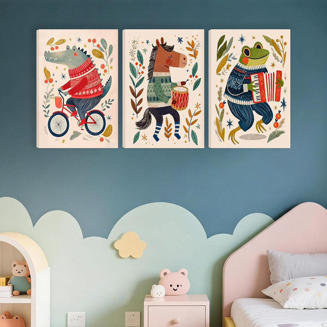 3 Pcs Animal Wall Art Cute Animal Painting Poster Picture For Wall Decor Living Room Bedroom Home Decoration 12*16 In (Stretched Canvas On A Wooden Fr