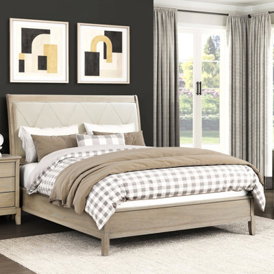 Cadre de grand lit beige avec tête de lit tapissier en similicuir de style classique et rails pour la chambre à coucher