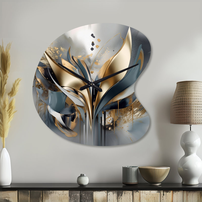 Abstract Shapes And Lines IV - Drop Shape Large Gold Wall Clock - Unique Shape, Small